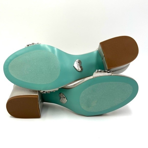 Blue Betsey Johnson Size 7 Mel Jeweled Silver Block Heels Dress Sandals Shoes - Picture 11 of 15